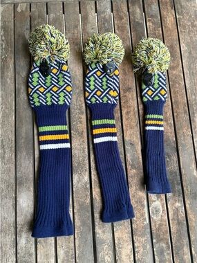 Navy Knit Pom-Pom Golf Club Headcover - Triple Set